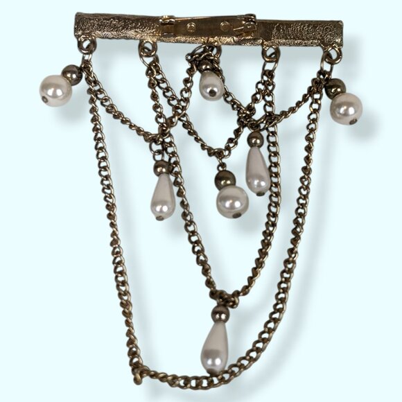 V Faux Pearl Danglig Bar Brooch - Picture 5 of 7